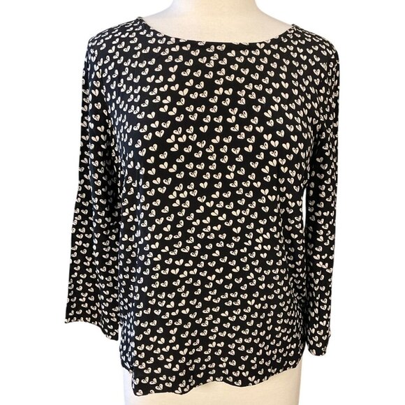 Maeve Anthropologie Linosa Heart Blouse 3/4 Sleeves Black White Silk Back Zip M - Picture 1 of 9